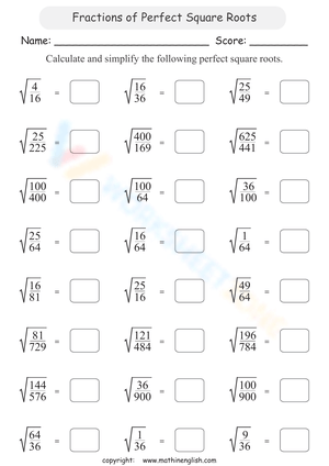 Fractions of Perfect Square Roots Worksheet