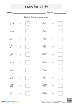 Find Square Roots - Math Worksheet