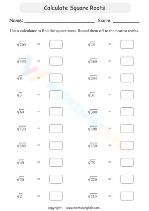 Calculate Square Roots Worksheet