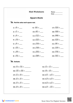 Square Roots and Evaluations Worksheet 