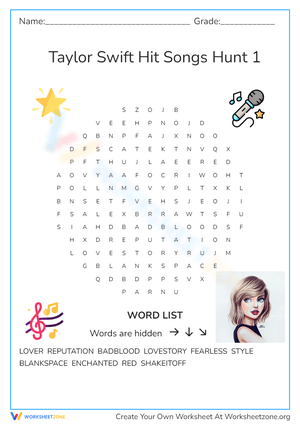 Taylor Swift Songs Word Search - Grades 3-6 Music Puzzle Fun!