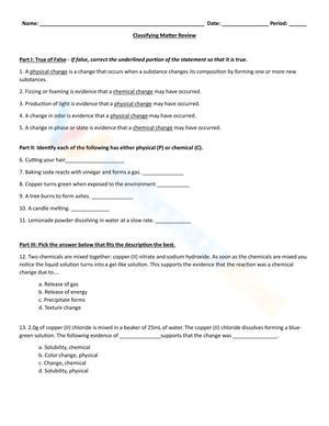 Classifying Matter Review Worksheet