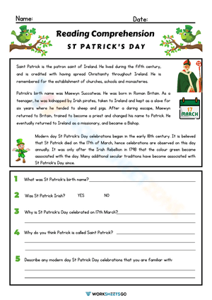 St. Patrick's Day Reading Comprehension Worksheet