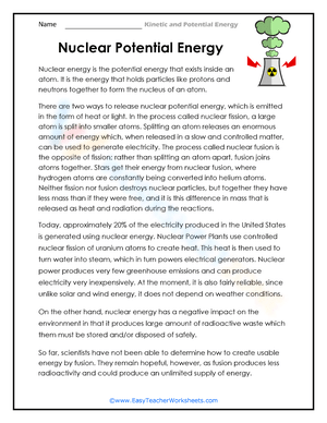 Nuclear Potential Energy Science Worksheet