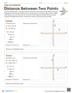 Find the Error: Distance Between Two Points Worksheet