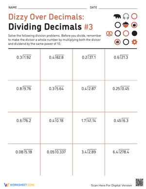 Dividing Decimals Math Worksheet