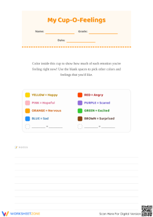 Printable Feelings Coloring Cup Worksheet | Grade 1-2 Ready