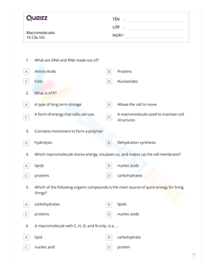Macromolecules Worksheet with Answer Key