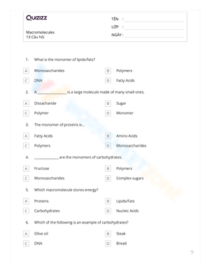 Macromolecules Quiz Practice Worksheet