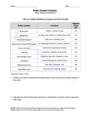 MAD About Roller Coasters: Mean Absolute Deviation Worksheet