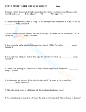 Kinetic And Potential Energy Worksheets