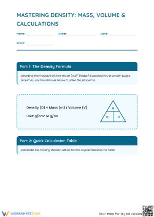 Grade 6 Density Calculations — Printable No-Prep Worksheet