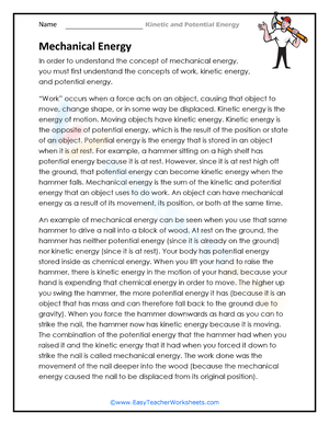 Understanding Mechanical Energy Worksheet for Physics