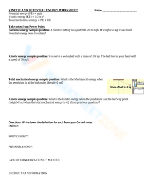 Calculations: Kinetic and Potential Energy Worksheet