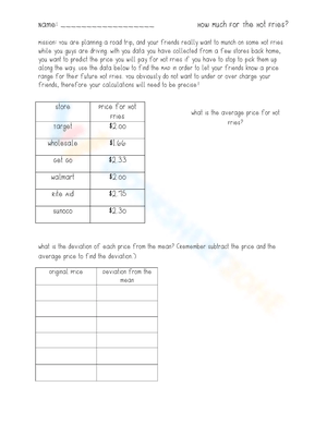 Mean and Deviation Word Problem Worksheet