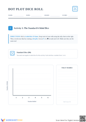 Printable Dot Plot Dice Roll Worksheet | Grade 4-5 Math