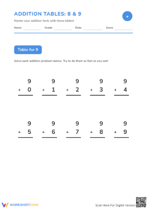 Printable Addition Facts Table for 8 and 9 | Grade 2 Ready