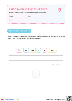 Printable Ice Cream Scrambled Sentences Worksheet | Grade K-1