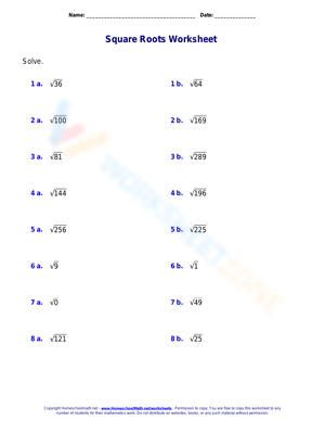Perfect Square Roots Worksheet