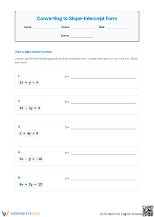 Printable Slope-Intercept Form Worksheet | Grade 8 Math