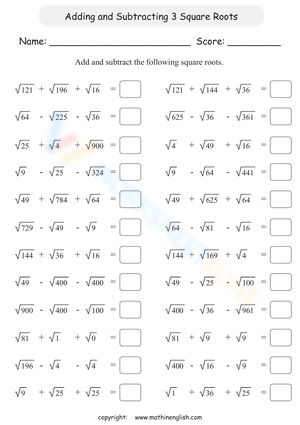 Adding and Subtracting Square Roots Worksheet
