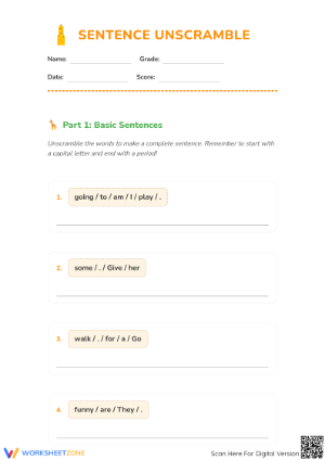 Printable Sentence Unscramble Worksheet | Grade 1-2 ELA