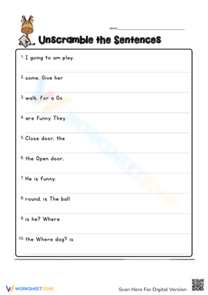 Sentence Unscramble Worksheet for Kids