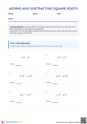Essential Adding and Subtracting Square Roots Worksheet