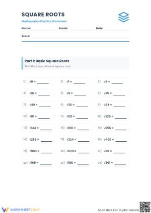 Essential Square Roots Worksheet | Grade 7 Math Printable