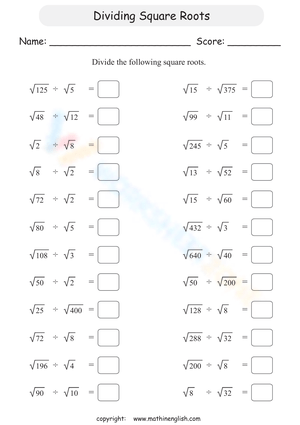 Dividing Square Roots Worksheet