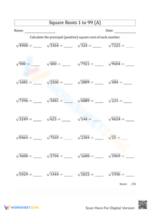 Square Roots 1 to 99