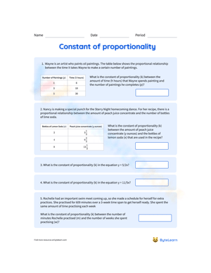 Constant Of Proportionality Worksheet