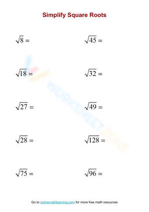 Simplify Square Roots Worksheet