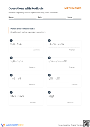 Aligned Operations with Radicals Worksheet | Grade 8-9