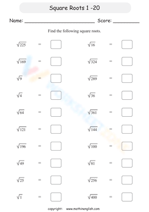 Square Roots 1 to 20