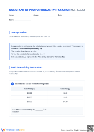 Printable Constant of Proportionality & Taxation Worksheet