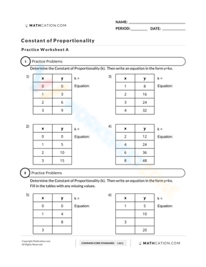 Constant of Proportionality Practice Worksheet