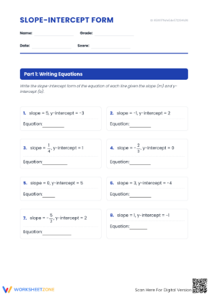 Grade 8 Slope Intercept Form — Printable No-Prep Worksheet