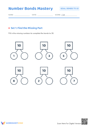 Printable Number Bonds to 10 Worksheet | Grade 1 Math