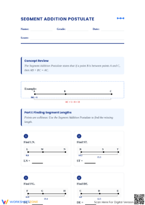 Printable Grade 8 Segment Addition Postulate Worksheet