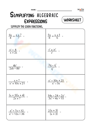 Simplifying Expressions with Fractions Worksheet