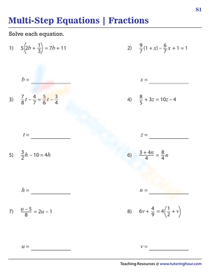 Multi-Step Equations with Fractions Worksheet
