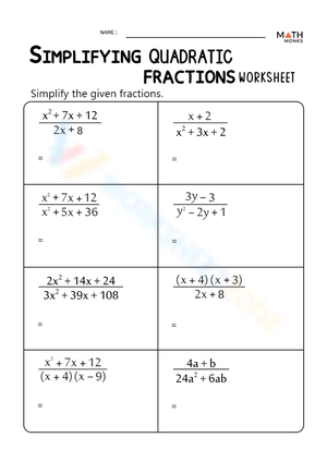 Simplifying Quadratic Fractions Worksheet