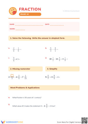 Essential Fractions Worksheet | Grade 7 Math Printable