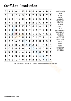 Conflict Resolution Word Search Worksheet