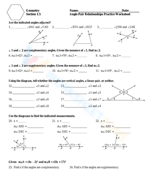 Angle Pair Relationships Practice Worksheet