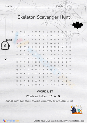 Halloween Word Search: Skeleton Scavenger Hunt - Grades 2-4