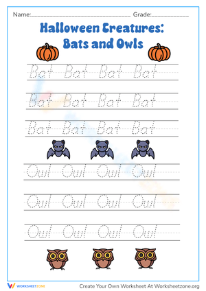 Halloween Bats & Owls Handwriting Practice Worksheet