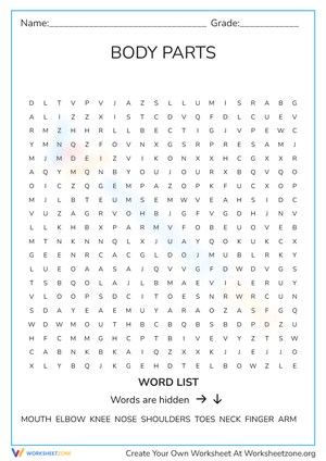 Body Parts Word Search Activity