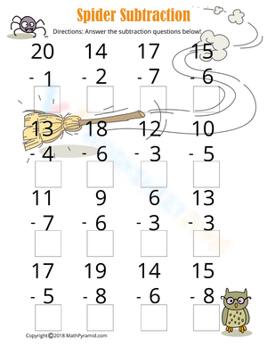Spider Subtraction Halloween Math Worksheet